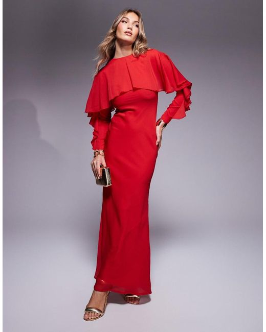 ASOS Red Long Sleeve Ruffle Bias Maxi Dress With Cape Detail