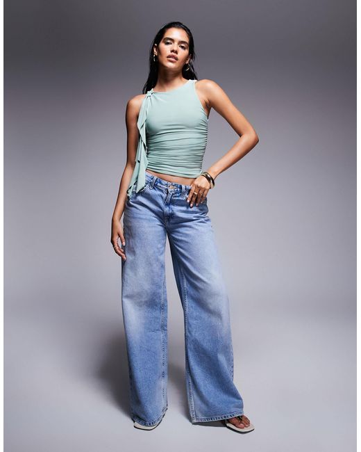 Kaiia Blue Exclusive Double Layered Slinky Ruched Drape Detail Top