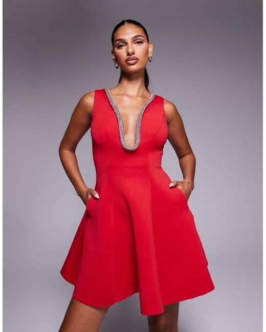 Goddiva Red Diamante Embellished Neck A Line Mini Dress