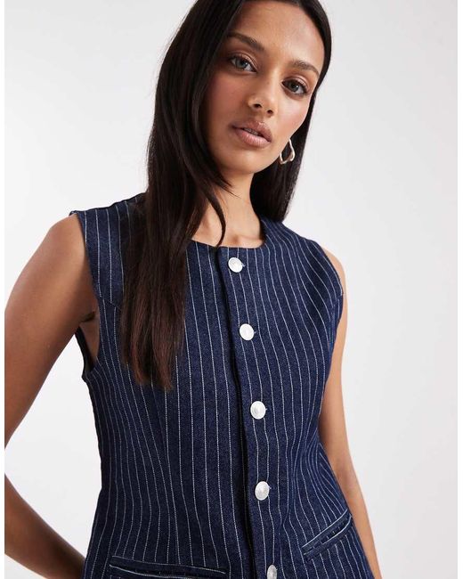 Pieces Denim Gilet Met Lange Pasvorm En Krijtstreep in het Blue