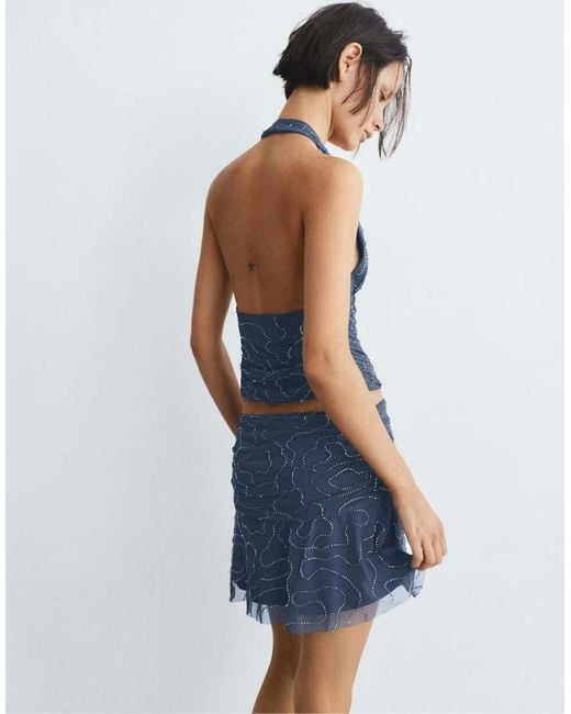 Pull&Bear Blue Beaded Tulle Mini Skirt