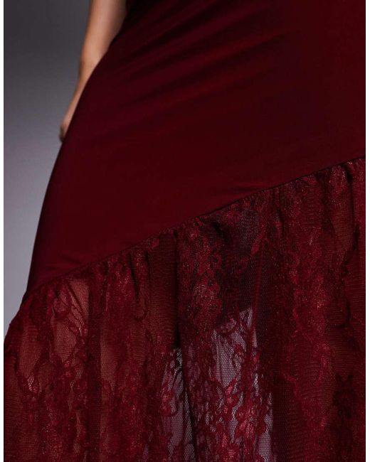 Fashionkilla Red Exclusive Double Sculpted Slinky Bandeau Sheer Lace Hem Scarf Detail Maxi Dress