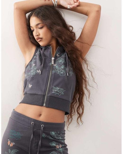 Ed Hardy Gray True To My Love Cropped Sleeveless Hoodie