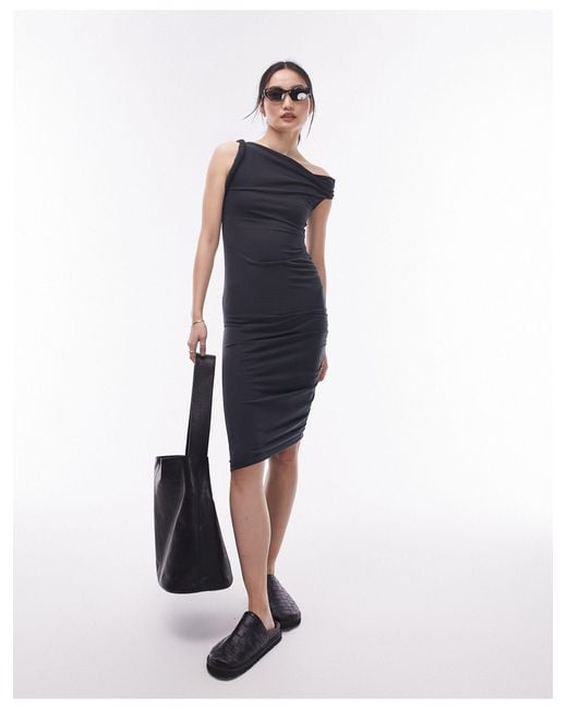 TOPSHOP Black Premium Super Soft Twist Off The Shoulder Midi Dress