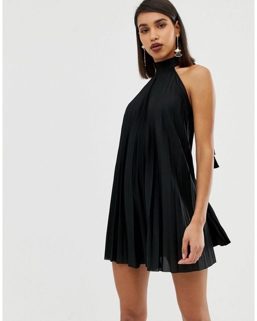 ASOS Backless Halter Pleated Mini Dress in Black | Lyst UK