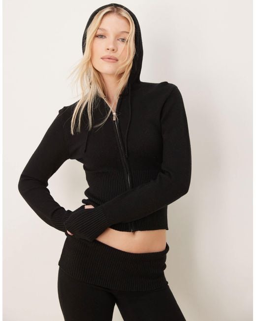 Gina Tricot Black Co-ord Knitted Hoodie Zip Up Cardigan With Deep Rib Hem