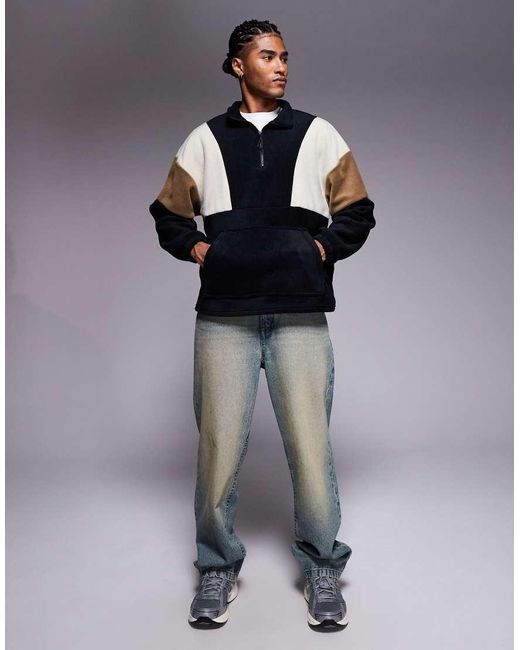ASOS Blue Relaxed Quarter Zip Funnel Neck Fleece Sweatshirt With Colour Block for men