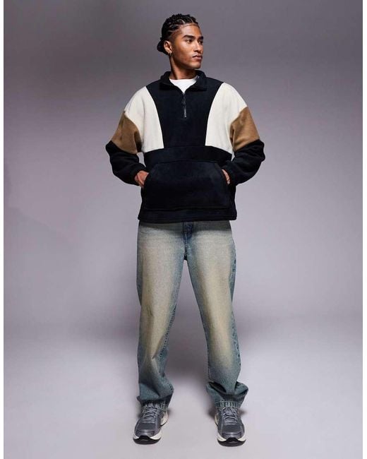 Sudadera Negra Extragrande Con Cremallera Corta, Cuello Alzado Y Diseño Color Block De Felpa De ASOS de hombre de color Blue