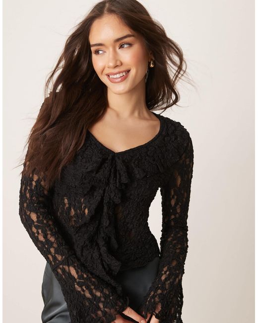 ASOS Black Tie Front Ruffle Detail Textured Lace Top