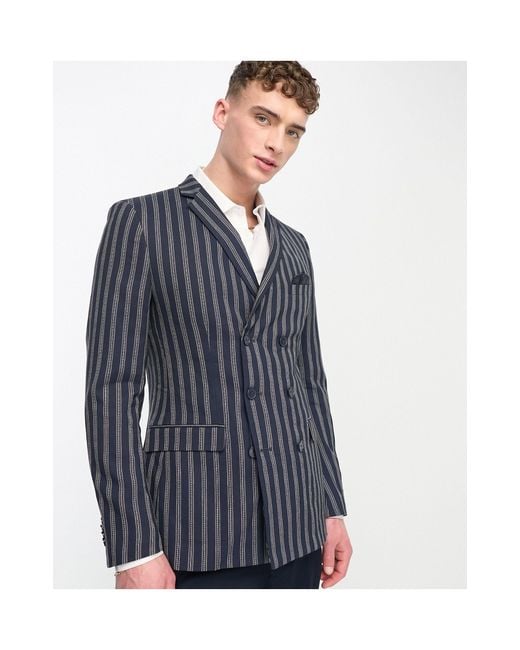 French Connection Blue Double Breasted Pinstripe Linen Blazer for men