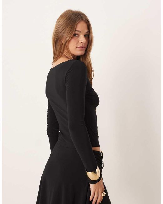ASOS Top Van Gladde Stof Met Lange Mouwen En Gerimpeld Detail in het Black