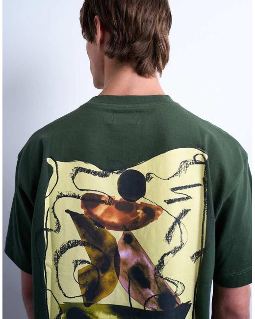 Topman Green Relaxed Fit T-shirt With Front And Back Watercolor Shapes Prints for men
