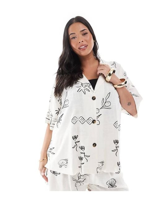 ASOS White Asos Design Curve Linen Blend Short Sleeve Co-Ord Shirt
