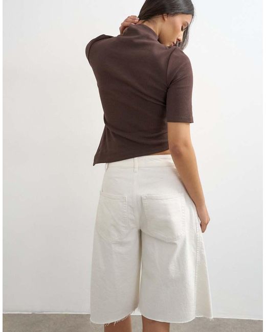 TOPSHOP White High Neck Ruffle Button Through Half Sleeve Top