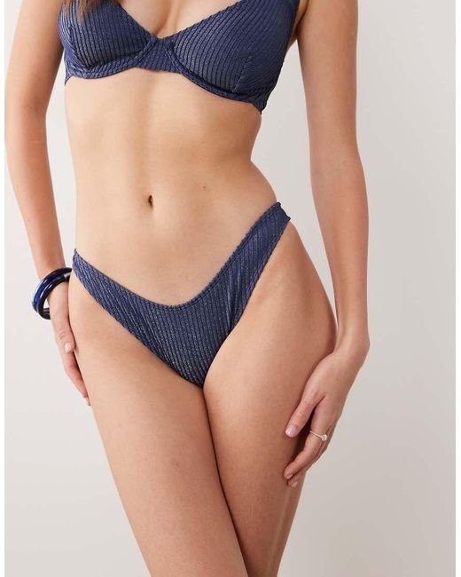 ASOS Blue Riddy Glitter Rib Ibiza High Leg Cheeky Brazilian Bikini Bottom