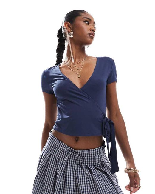 Miss Selfridge Blue Short Sleeve Jersey Wrap Top