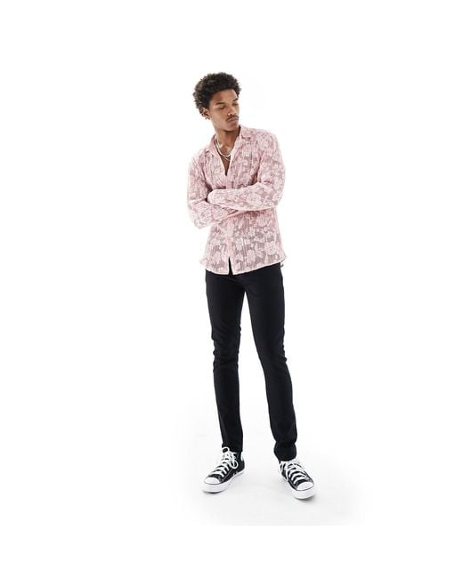 ASOS Pink Long Sleeve Plisse Lace Shirt for men