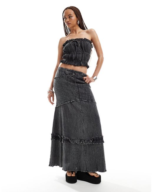 Collusion Black Cotton Crinkle Column Maxi Skirt Co-ord With Shirred Detail