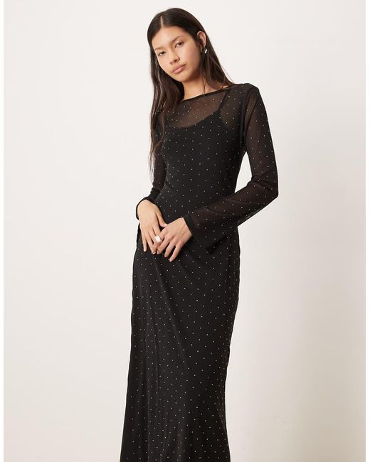 Never Fully Dressed Black Hotfix Embellished Long Sleeve Midaxi Dress