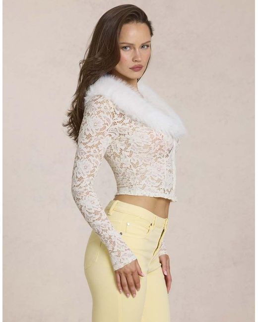 Oh Polly White Faux Fur Collar Lace Cardigan