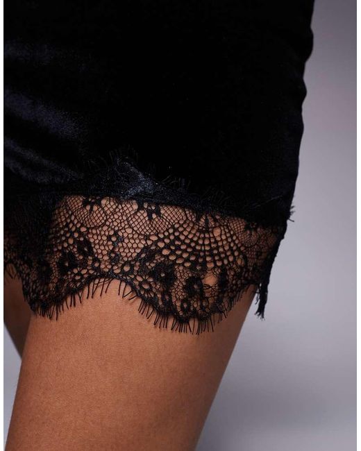 ASOS Black Velvet High Neck Mini Dress With Scallop Lace Deep Hem Detail