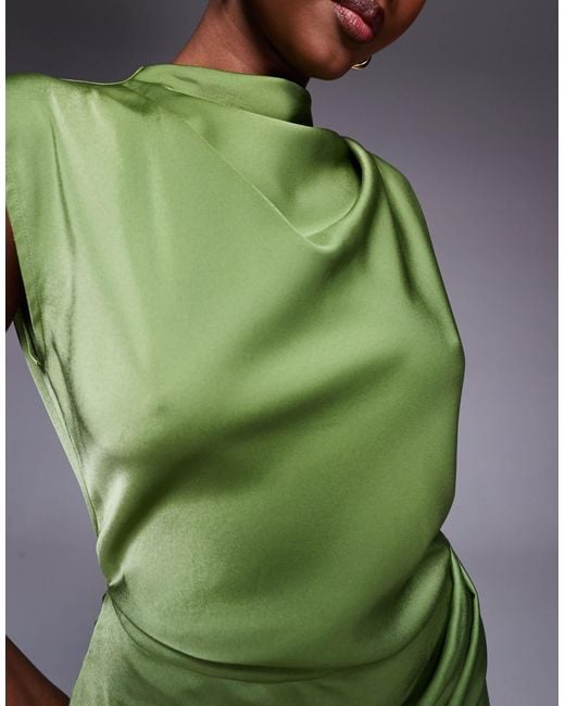 ASOS Green Satin High Neck Pleated Bodice Midi Dress