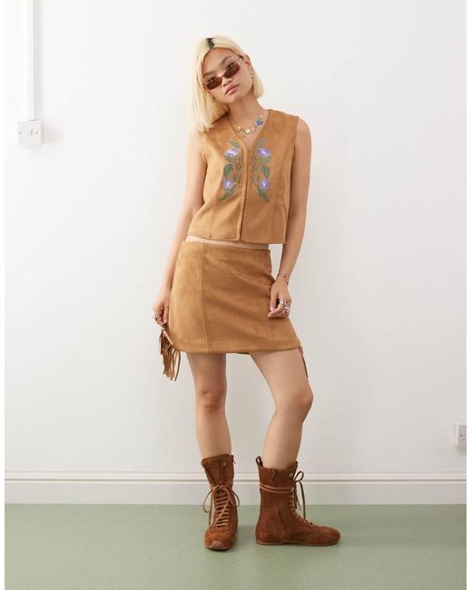 Reclaimed Vintage Natural Faux Suede Festival Waistcoat With Embroidery