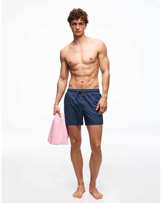 Bershka Blue Basic Mid Length Swim Shorts for men