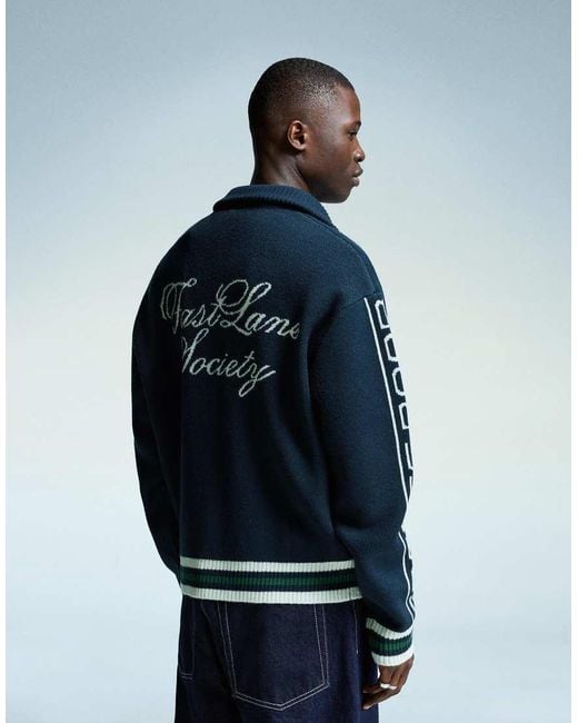Bershka Blue Embroidered Zip-Up Jacket for men