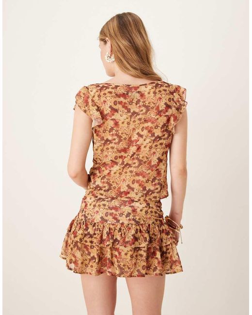 Motel Brown Masama Floral Print Ruffle Chiffon Co-Ord Mini Skirt