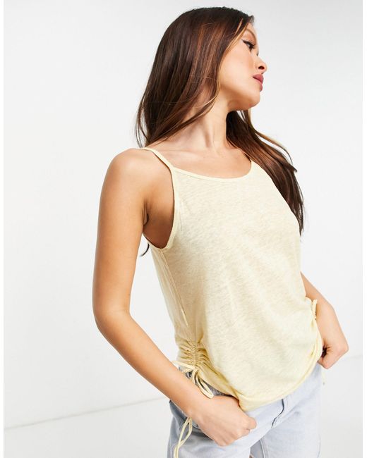 Mango Ruched Side Linen Vest Top in Yellow | Lyst UK