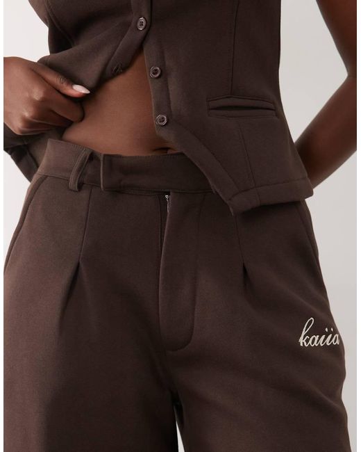 Kaiia Brown Cotton Rich Embroidered Wide Leg Pintuck joggers Co-ord