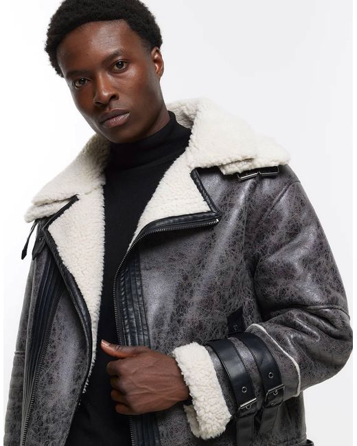 River Island Crackle Faux Shearling Aviator Jacket in Gray for Men Lyst