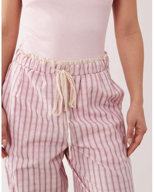 ASOS Pink Asos Design Petite Textured Pyjama Pants With Lace Waistband Trim
