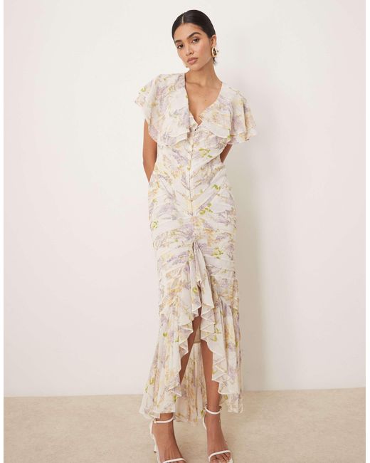 ASOS Natural Pintuck Maxi Dress With Cape Flutter Sleeve