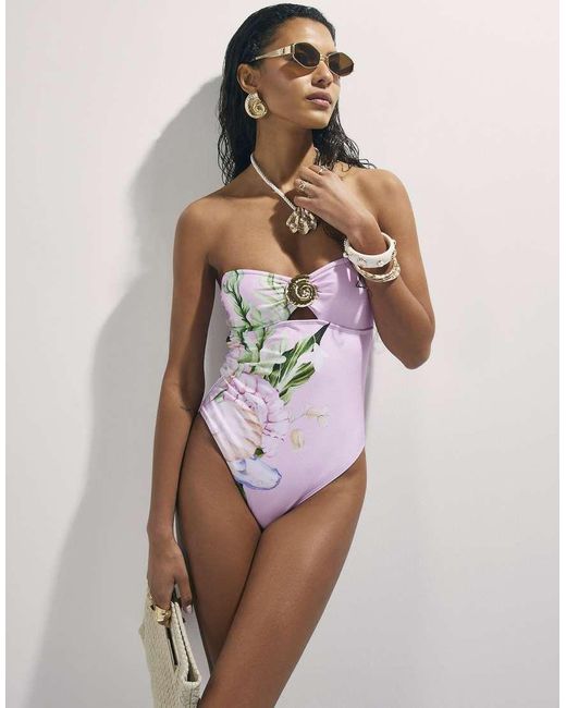 River Island Pink Lotus Print Bandeau Swimsuit