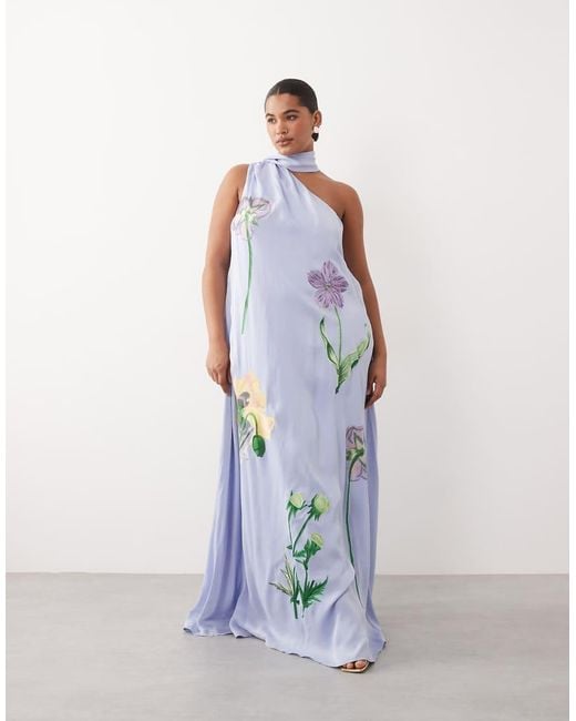 ARRANGE Blue Curve Botanical Floral Embroidered One Shoulder Maxi Dress