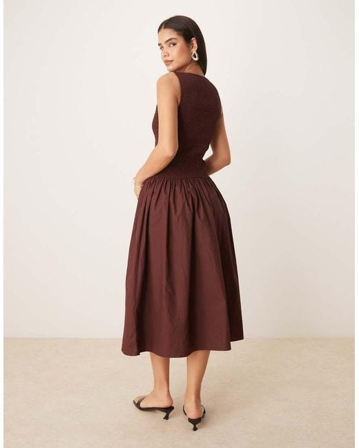 Nobody's Child Brown Thalia Shirred Bodice Drop Hem Midi Dress