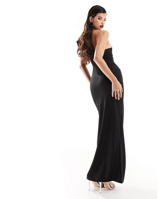 Vesper Black Bengaline Contrast Satin Bow Thigh Spilt Maxi Dress