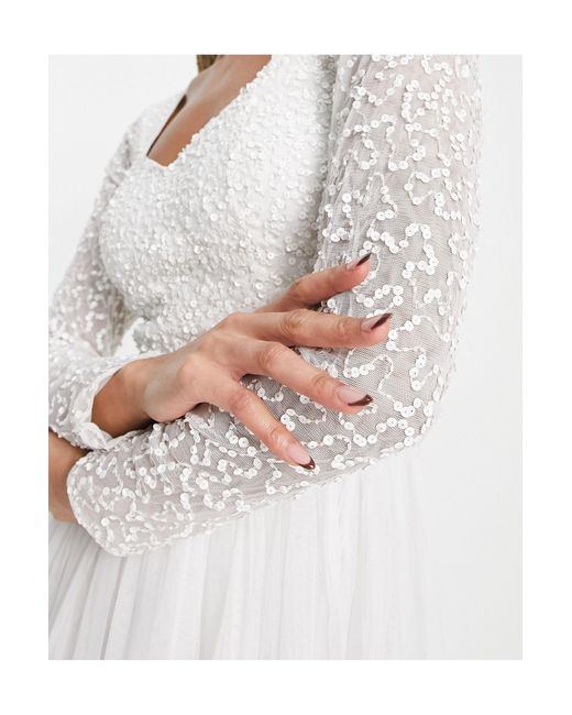 Beauut White Bridal Emellished Bodice Midi Skater Dress With Tulle