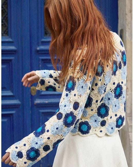 Desigual Blue Crochet Sweater With Flowers