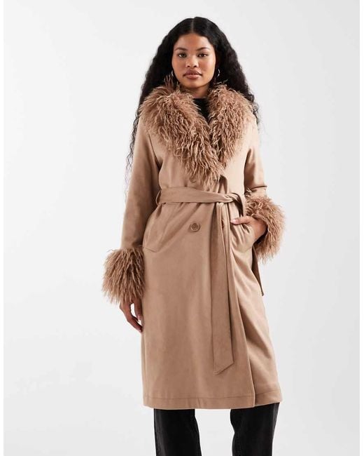 New Look Natural Belted Faux Suede Faux Fur Mixed Coat