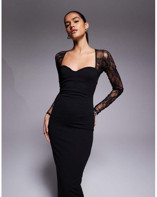 ASOS Gray Midi Dress With Cutaway Lace Long Sleeves