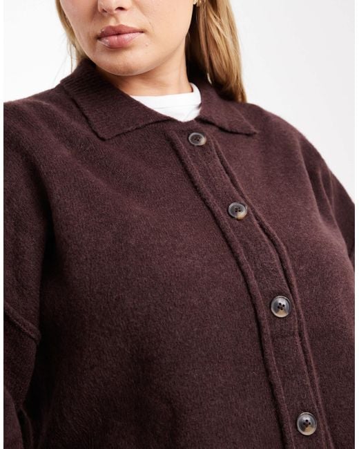 ASOS Brown Asos Design Curve Knitted Collar Shirt Cardigan With Seam Detail