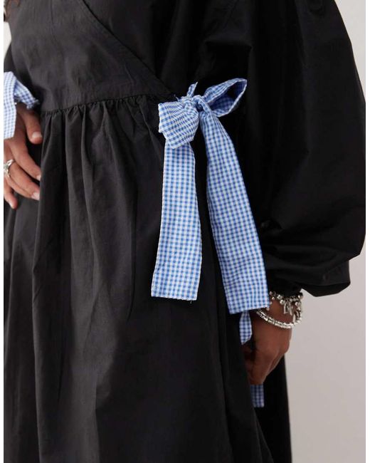Collusion Black Oversized Wrap Maxi Smock Dress With Contrast Gingham Ties