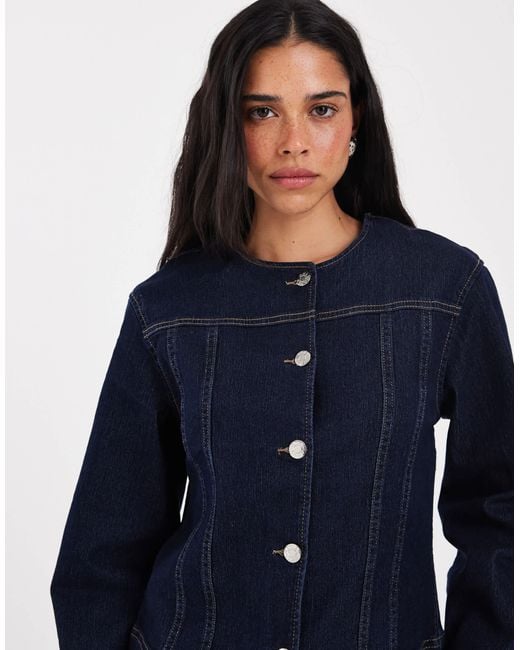 ONLY Blue O-neck Fitted Denim Jacket