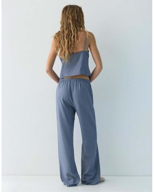 Pull&Bear Blue Flowing Viscose Linen Blend Trousers
