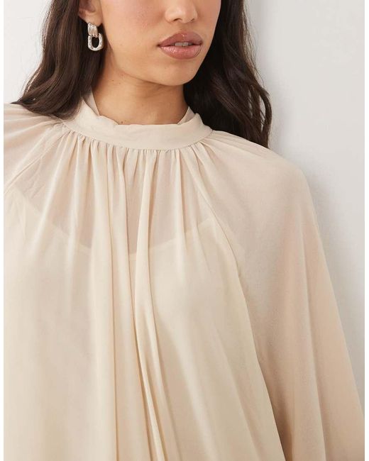 TFNC London Natural Chiffon High Neck Long Sleeve Maxi Dress With Tiered Hem