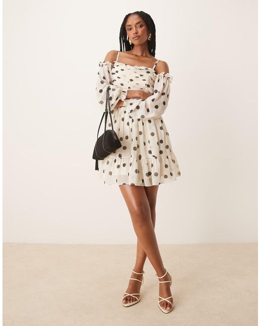 ANAYA Natural Polka Dot Bardot Long Sleeve Mini Dress