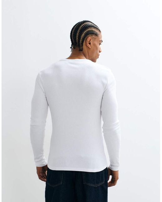 ASOS White Muscle Fit Long Sleeve T-Shirt With Henley Neck for men